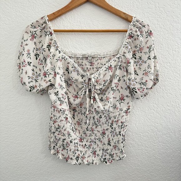Papaya Tops - Papaya Blouse Womens M White Ditsy Floral Smocked Puff Sleeve Milkmaid Babydoll
